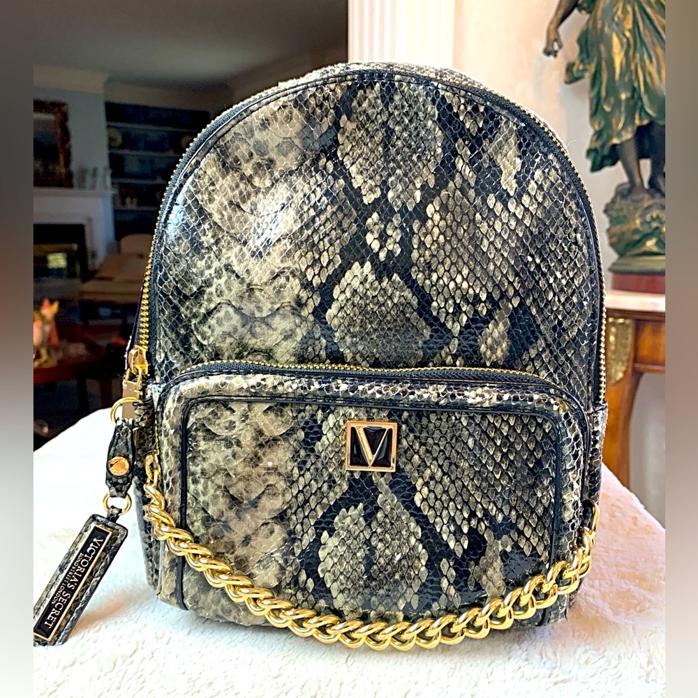 Victoria Secret Faux Snakeskin Backpack with Gold Chain